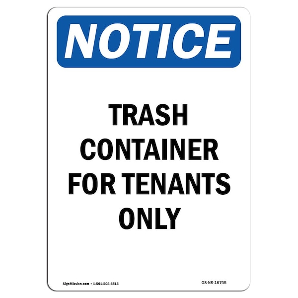Sign, 5" H, Trash Container For Tenants Sign, Portrait, NS-D-35-V-16745-10PK